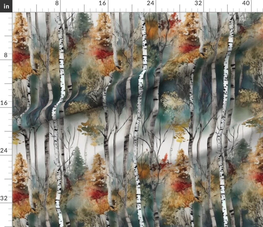 Endless Birch Tree Dreamscape Trees in Misty Forest Watercolor Fabric design