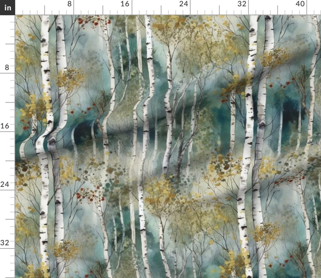 Endless Birch Tree Dreamscape Trees in Misty Forest Watercolor Fabric design