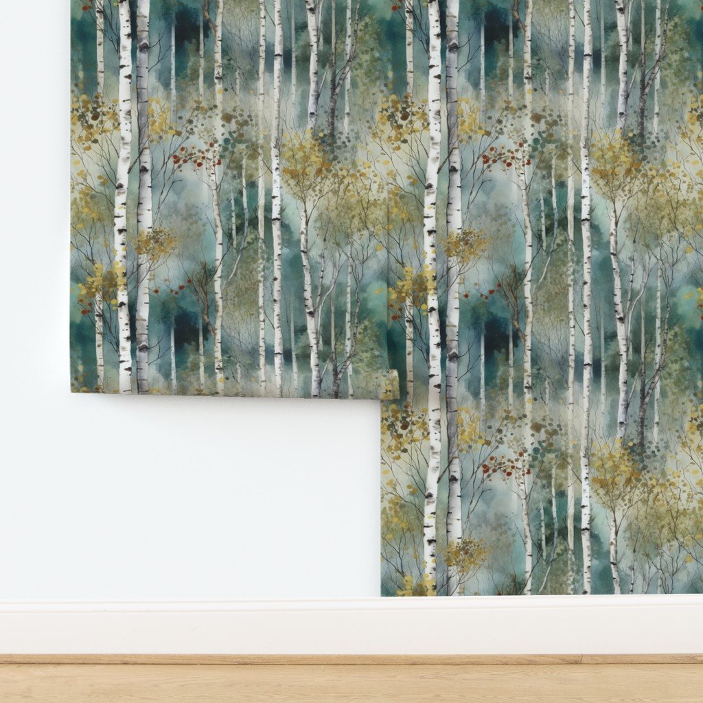 Endless Birch Tree Dreamscape Trees in Misty Forest Watercolor Wallpaper design