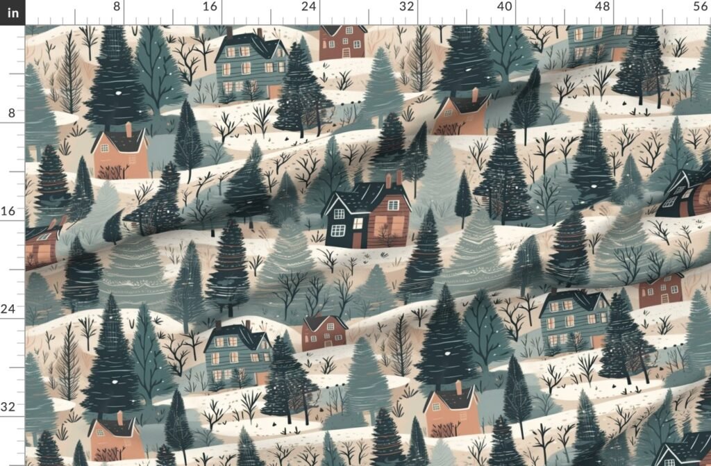 Montana Winter Cabins Montana with Evergreens Fabric design