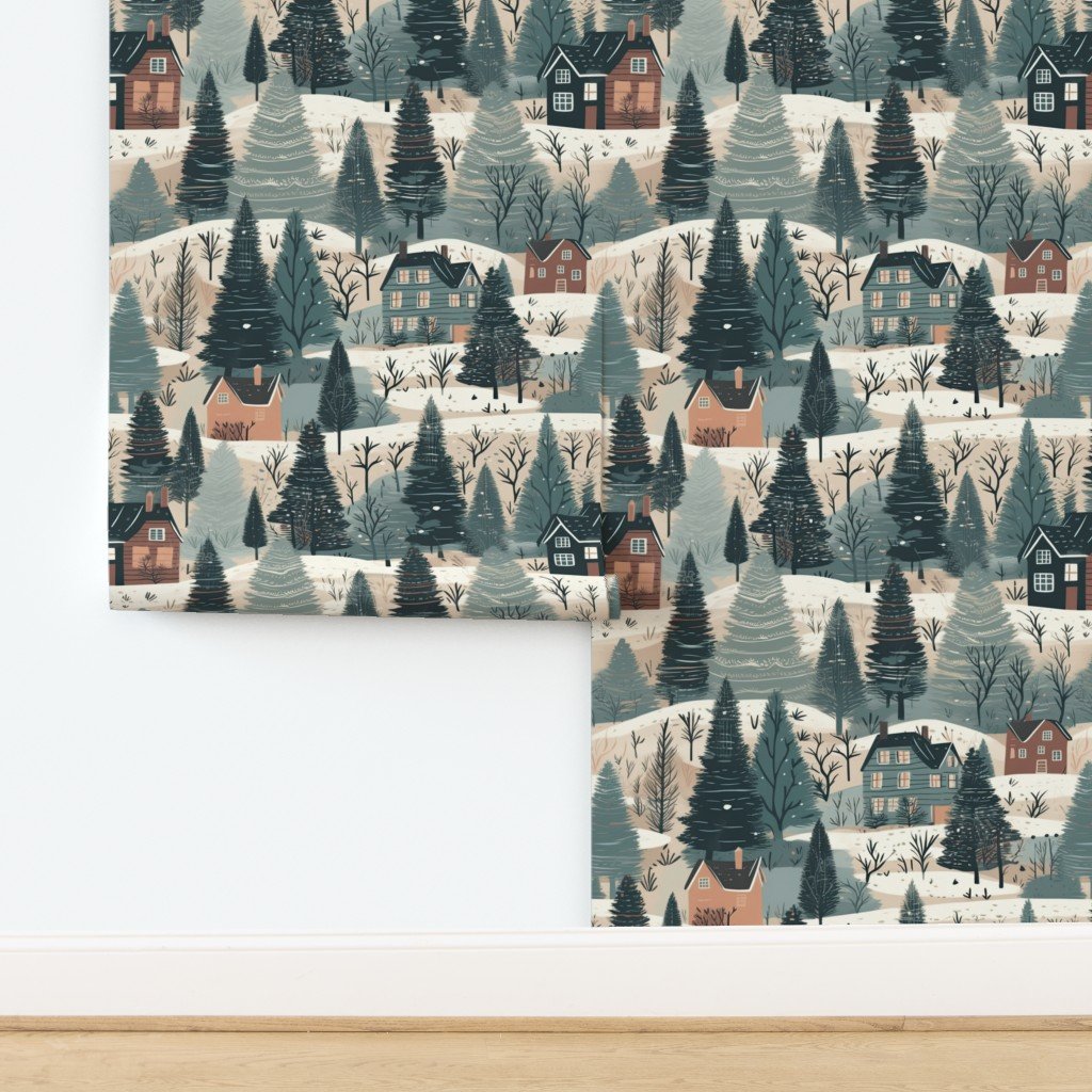 Montana Winter Cabins Montana with Evergreens Wallpaper design
