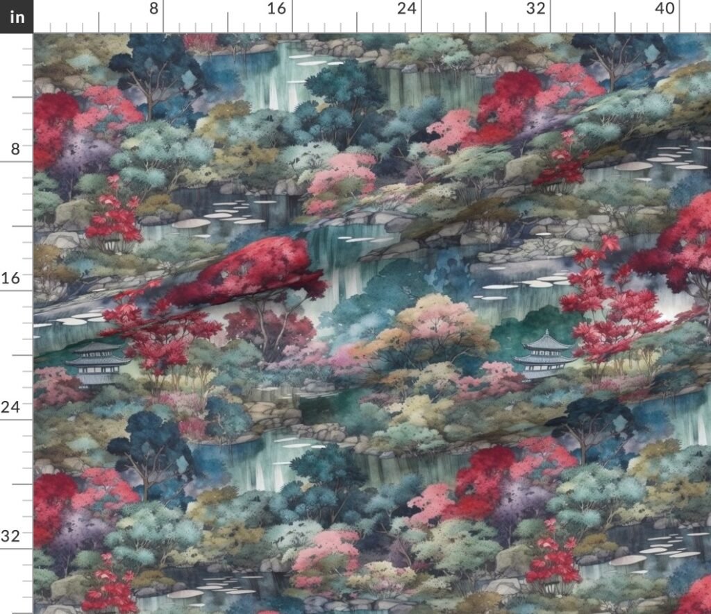 Japanese Water Garden Watercolor with Temples Fabric design