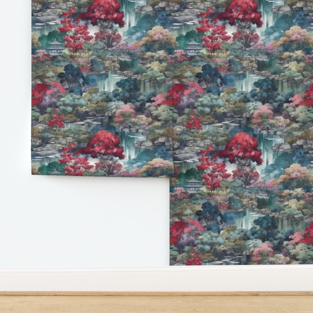 Japanese Water Garden Watercolor with Temples Wallpaper design