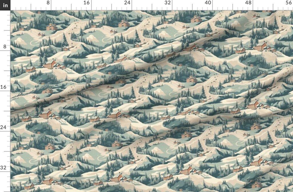 Small Vintage Ski Slope Cabins in Woods Blue Fabric design