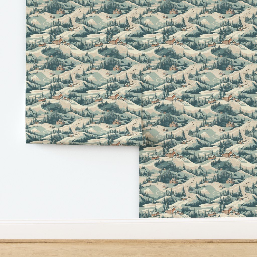 Small Vintage Ski Slope Cabins in Woods Blue Wallpaper design