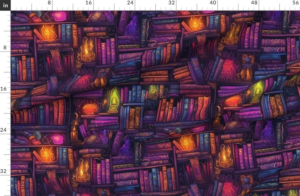 Witch Spooky Neon Halloween Books on Library Spell Book Shelf Fabric design