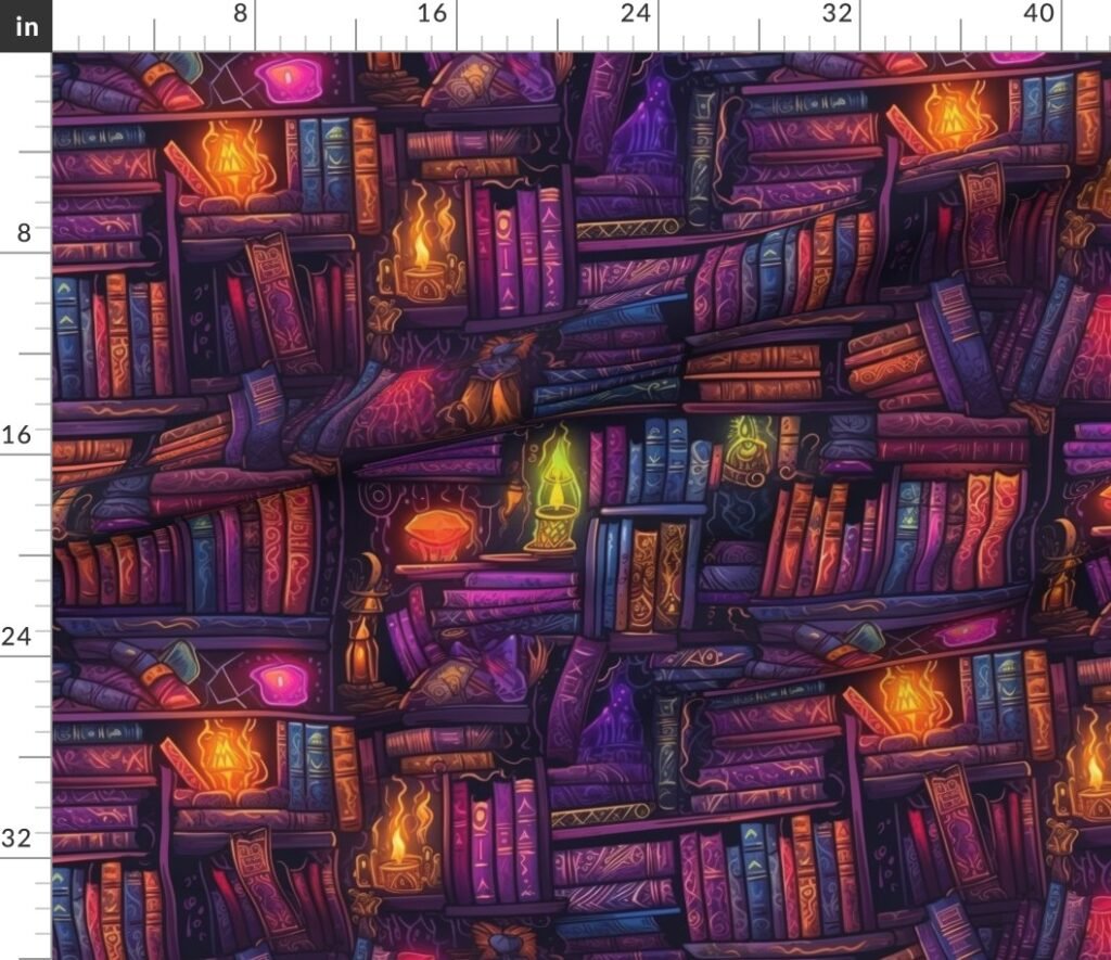 Witch Spooky Neon Halloween Books on Library Spell Book Shelf Fabric design
