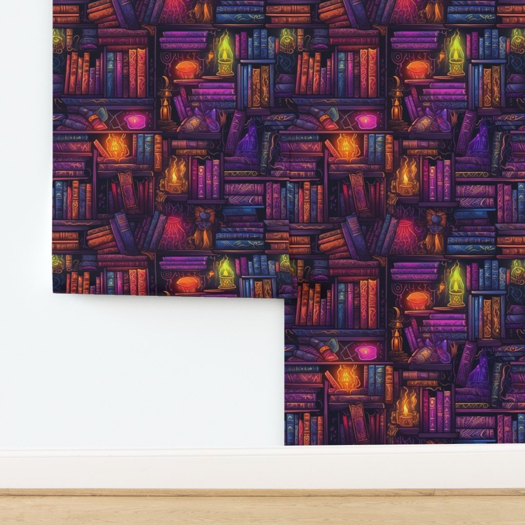 Witch Spooky Neon Halloween Books on Library Spell Book Shelf Wallpaper design