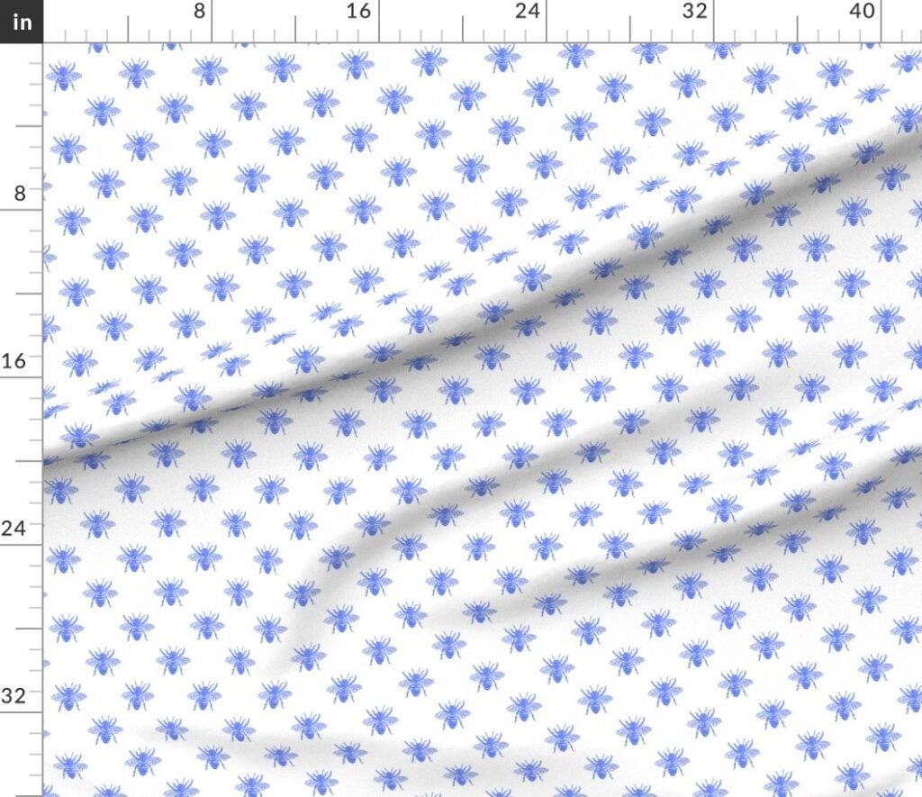 Blue Faux-foiled Bees on White Fabric design