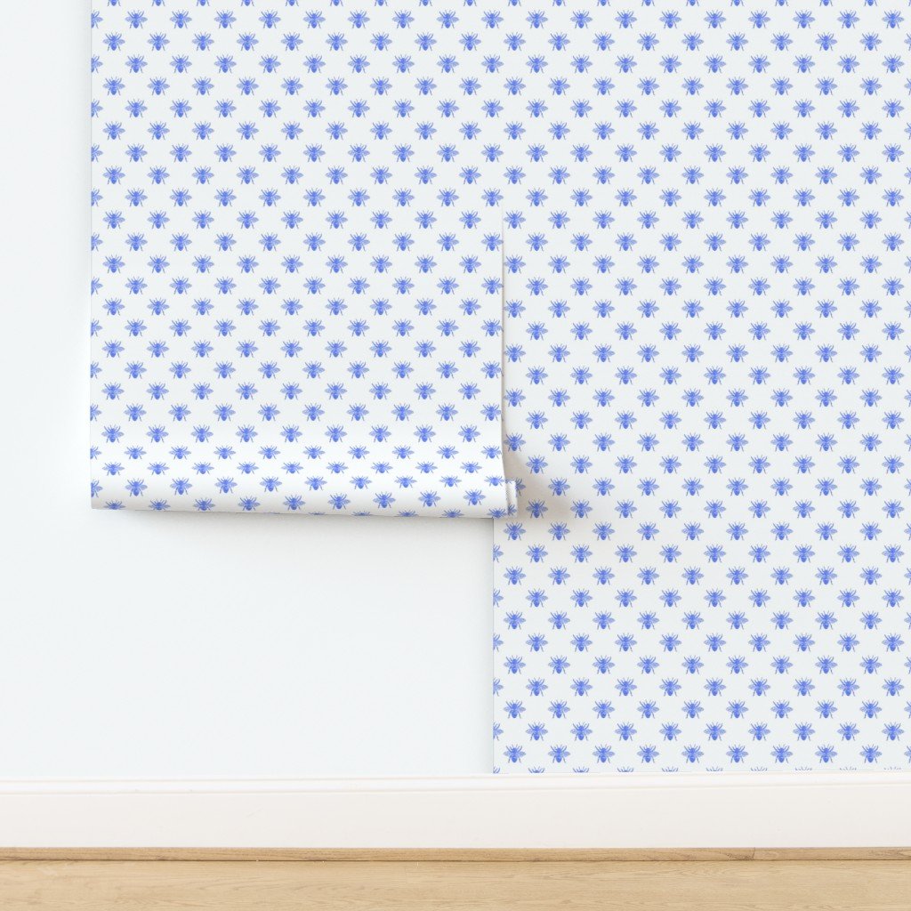 Blue Faux-foiled Bees on White Wallpaper design