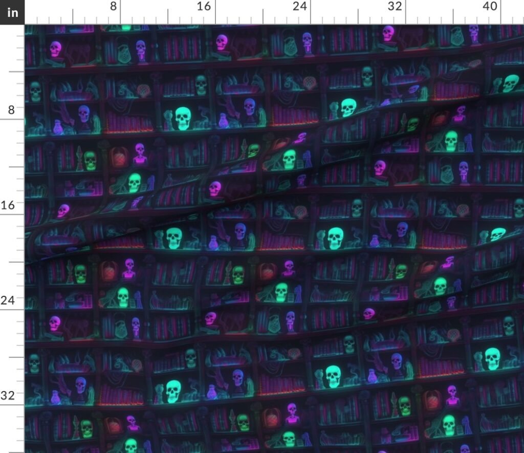 Small Spooky Photo realistic Dark Academia Bookshelves in Bright Fabric design