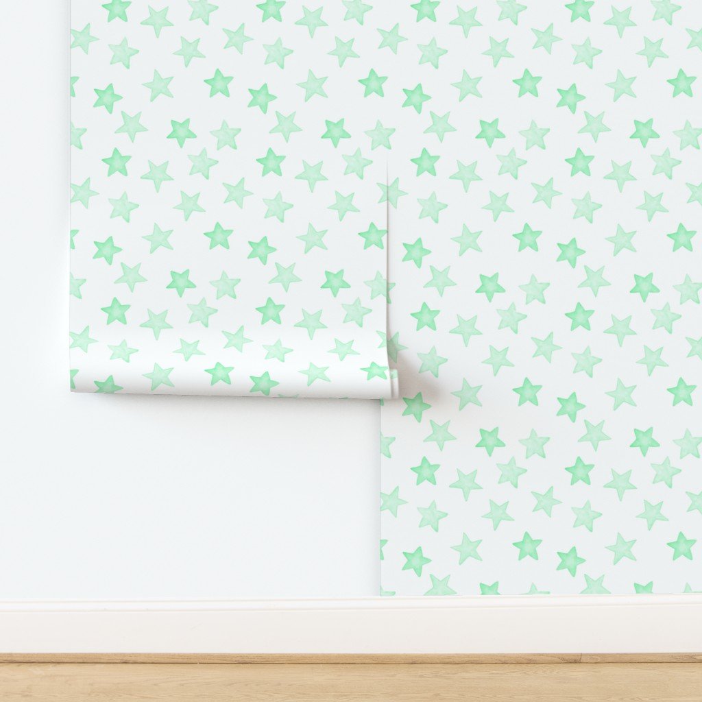 Large Faded Mint Christmas Stars on White Wallpaper design
