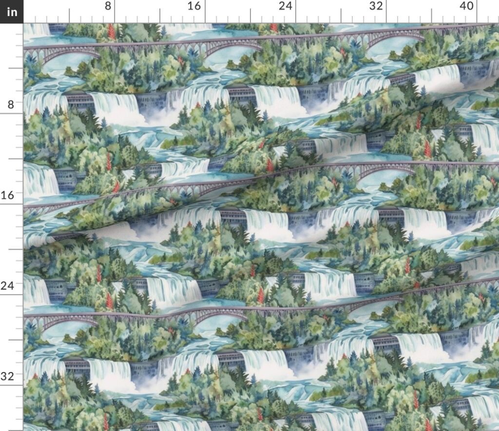 Majestic Niagra Falls Waterfall Border of Two North American Fabric design