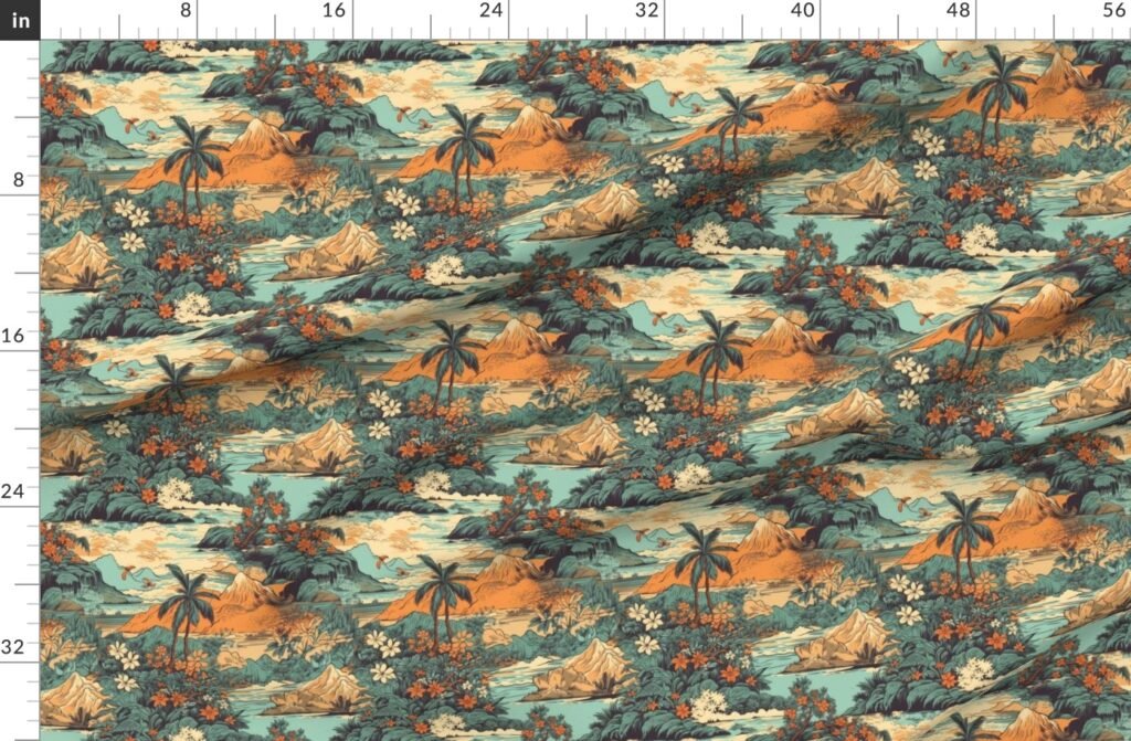 Small Vintage Hawaiian Landscape in Teal and Orange Fabric design