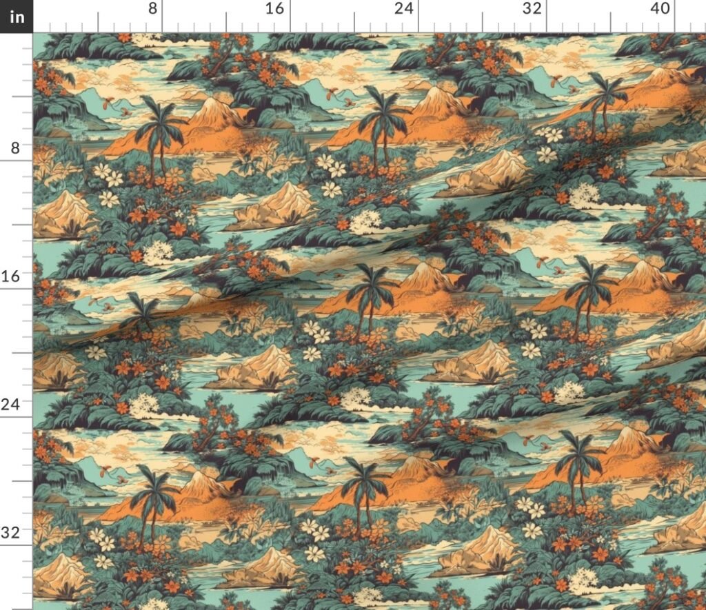 Small Vintage Hawaiian Landscape in Teal and Orange Fabric design