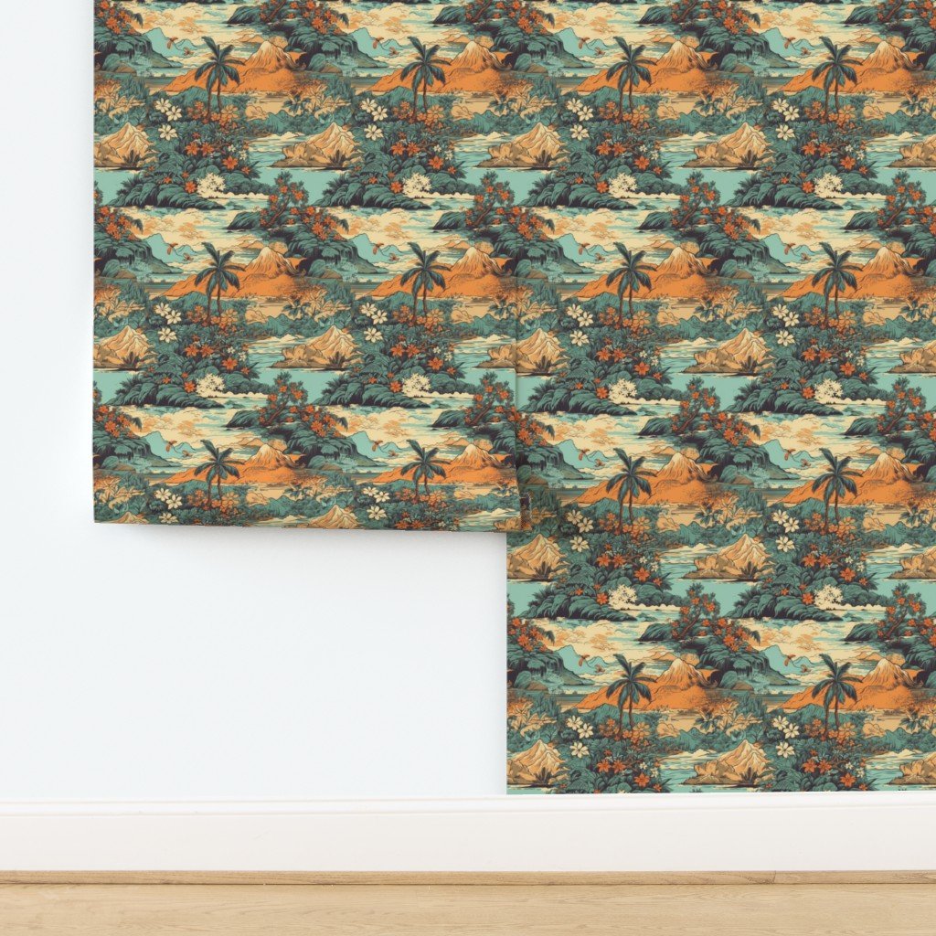 Small Vintage Hawaiian Landscape in Teal and Orange Wallpaper design