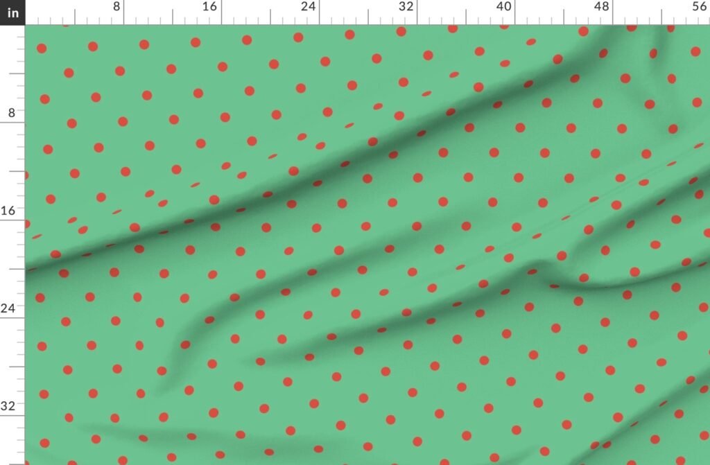 Red Vermillion Polka Dots on Vintage Christmas Green Fabric design