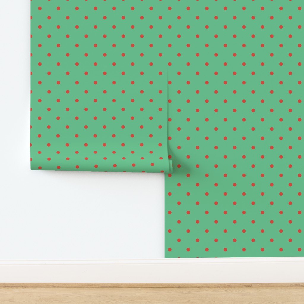 Red Vermillion Polka Dots on Vintage Christmas Green Wallpaper design