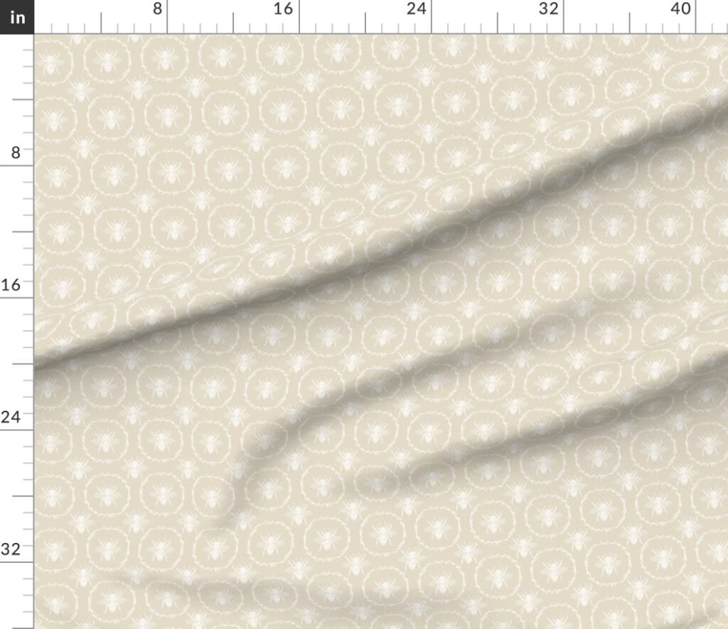 Small French Provincial Bees in Laurel Wreaths in White on Cream Fabric design