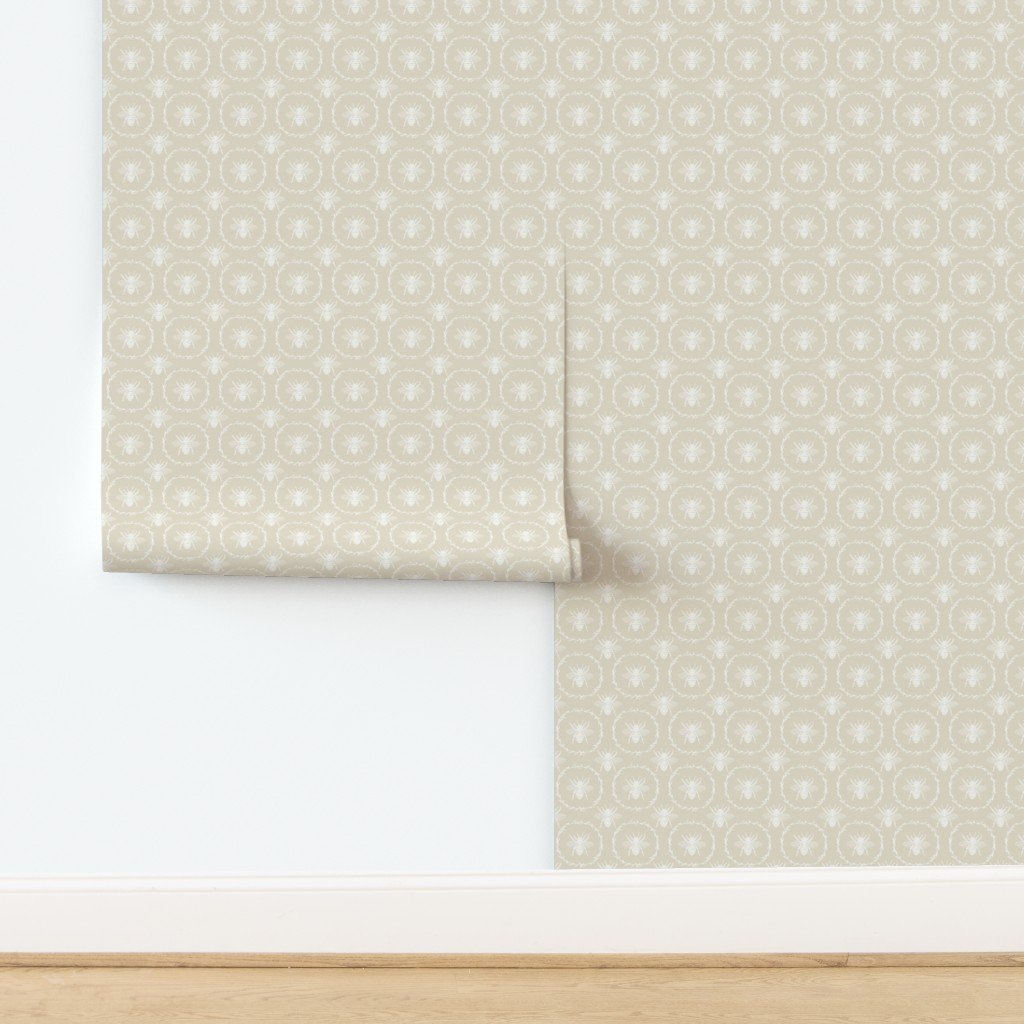 Small French Provincial Bees in Laurel Wreaths in White on Cream Wallpaper design