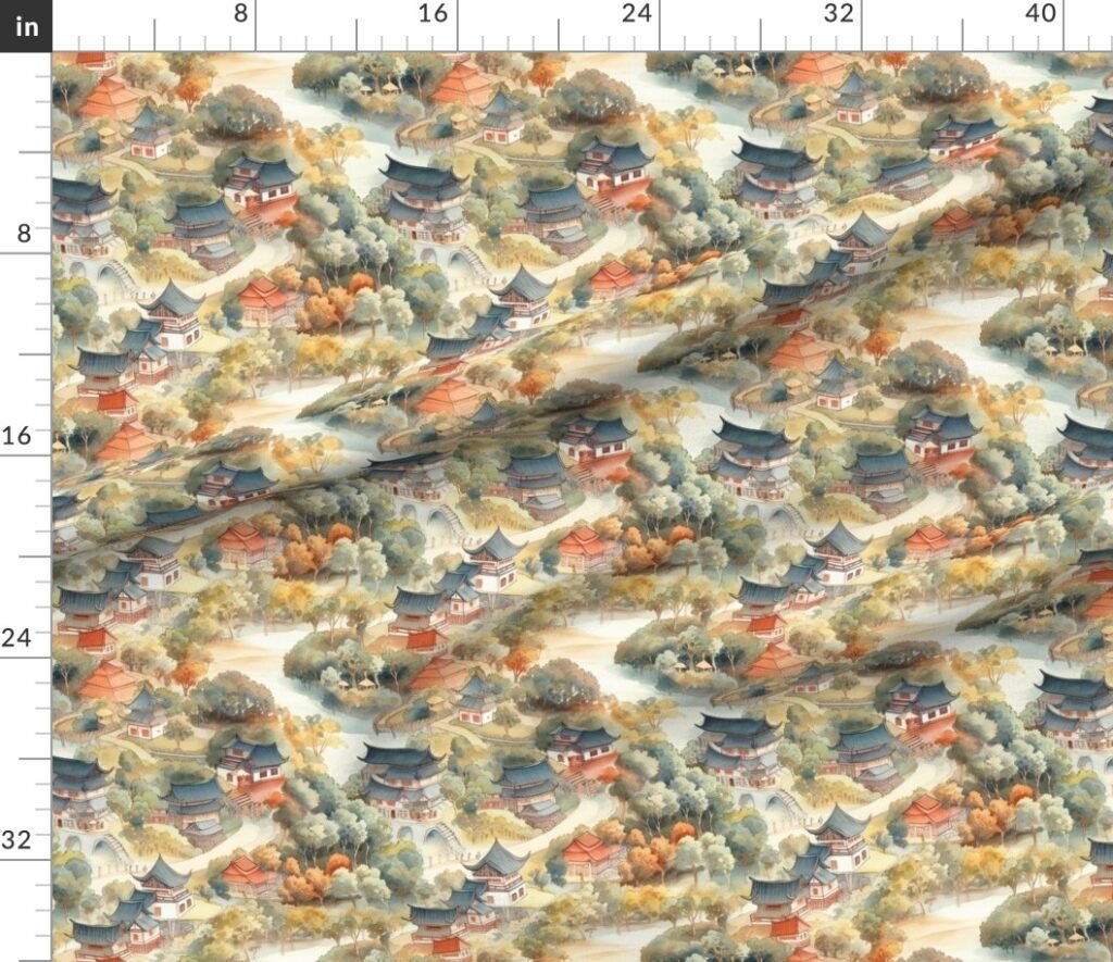 Small Chinese Village in Forest Watercolor Fabric design