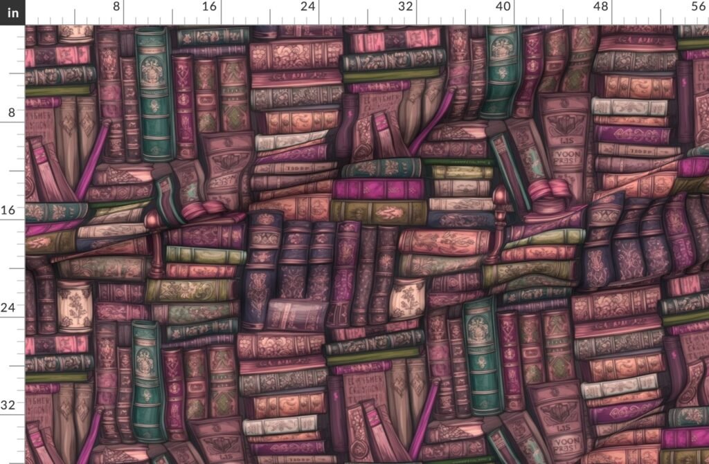 Pink Stacked Bound Vintage Books on Library Book Shelf Fabric design