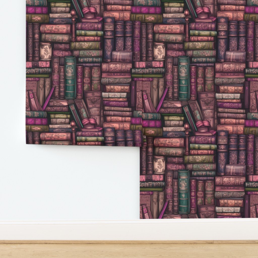 Pink Stacked Bound Vintage Books on Library Book Shelf Wallpaper design