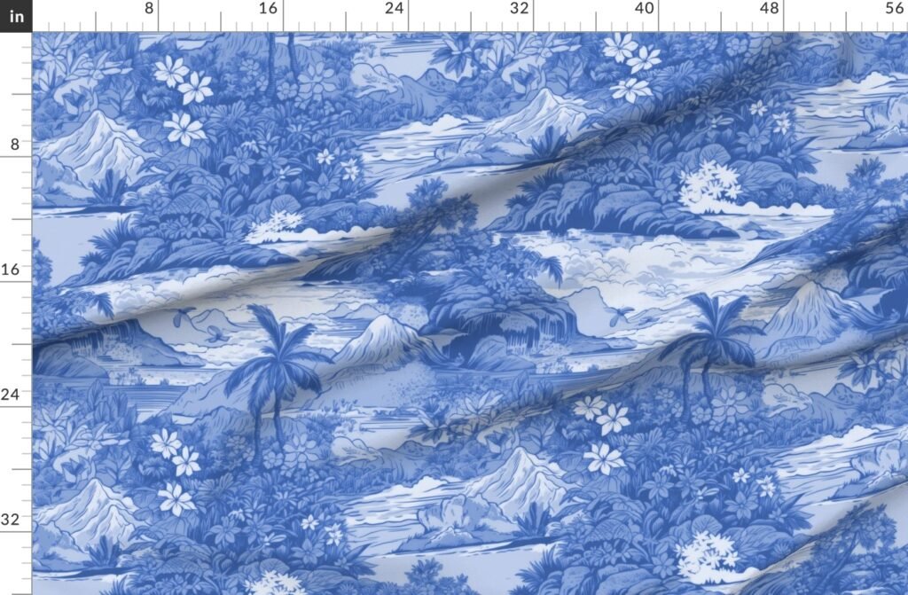 Vintage Hawaiian Landscape in Light Blue Porcelain Glaze Fabric design