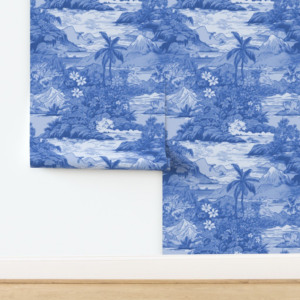 Vintage Hawaiian Landscape in Light Blue Porcelain Glaze Wallpaper design