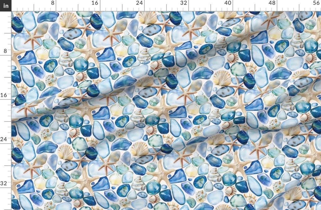 Blue and Sand Seashells and Shards of Tumbled and Scattered Fabric design