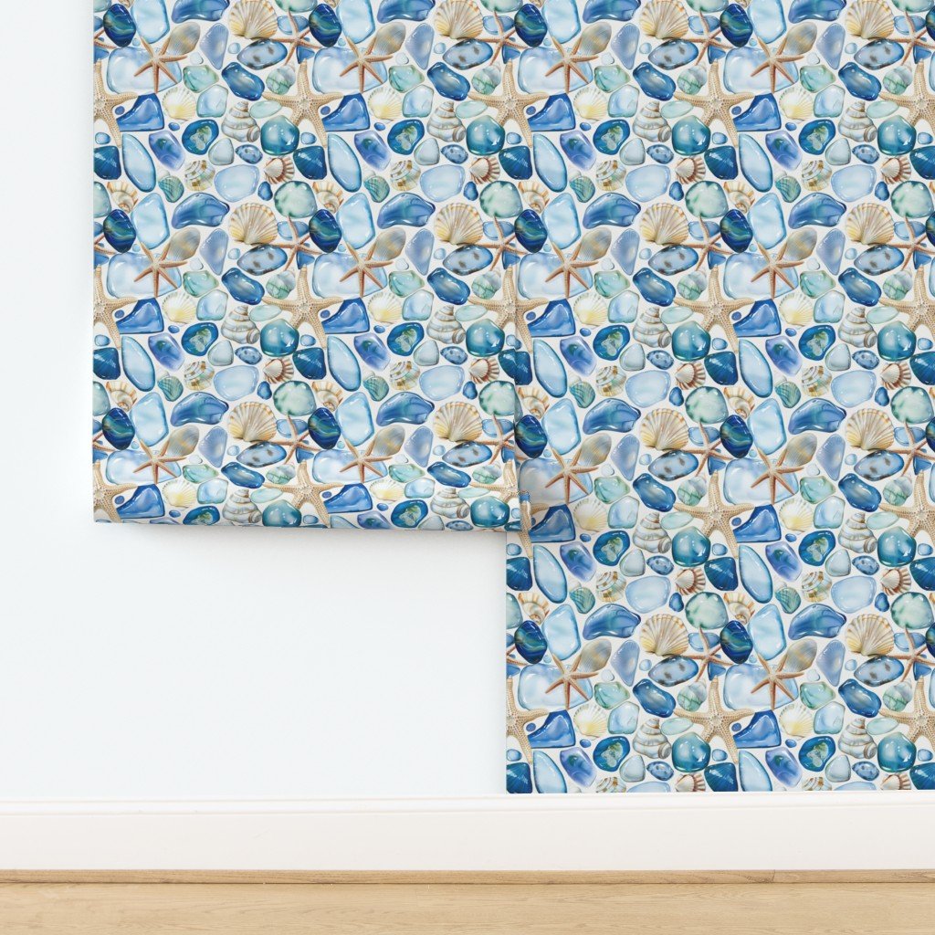 Blue and Sand Seashells and Shards of Tumbled and Scattered Wallpaper design