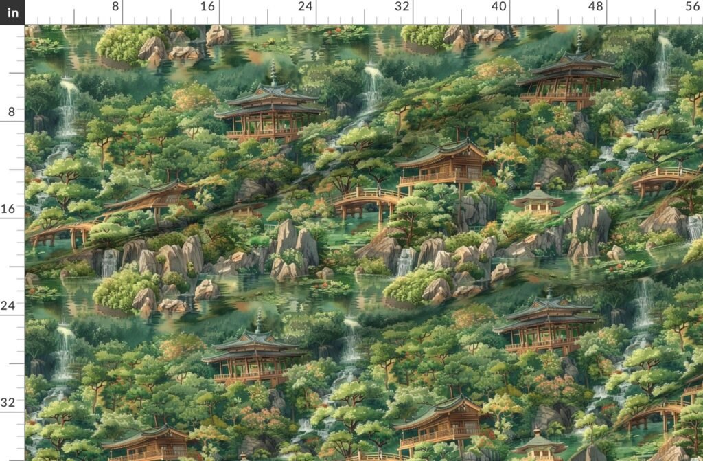 Zen Garden Haven Waterfalls Amidst Verdant Greenery Fabric design