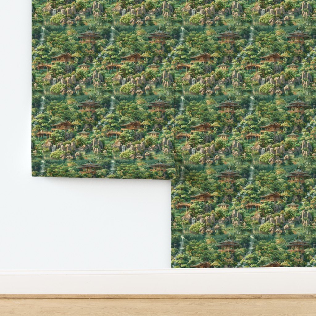 Zen Garden Haven Waterfalls Amidst Verdant Greenery Wallpaper design