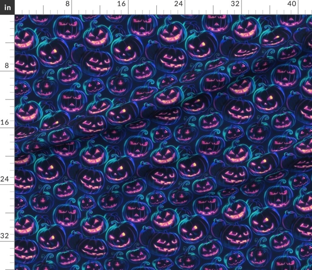 Neon Blue Halloween Pumpkins Glowing in the Dark Fabric design