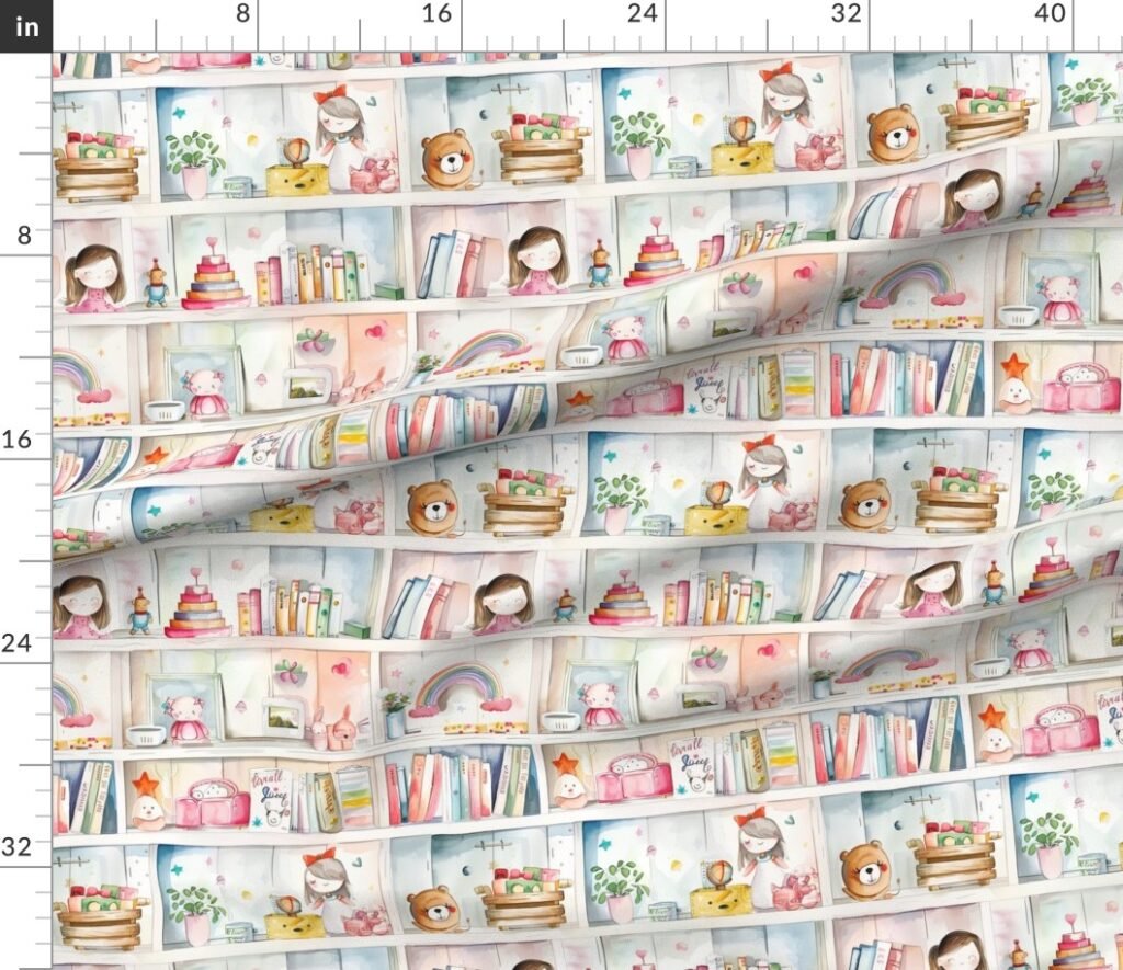 Pastel Bookcase with Girl's Toys and Books in Watercolor Fabric design