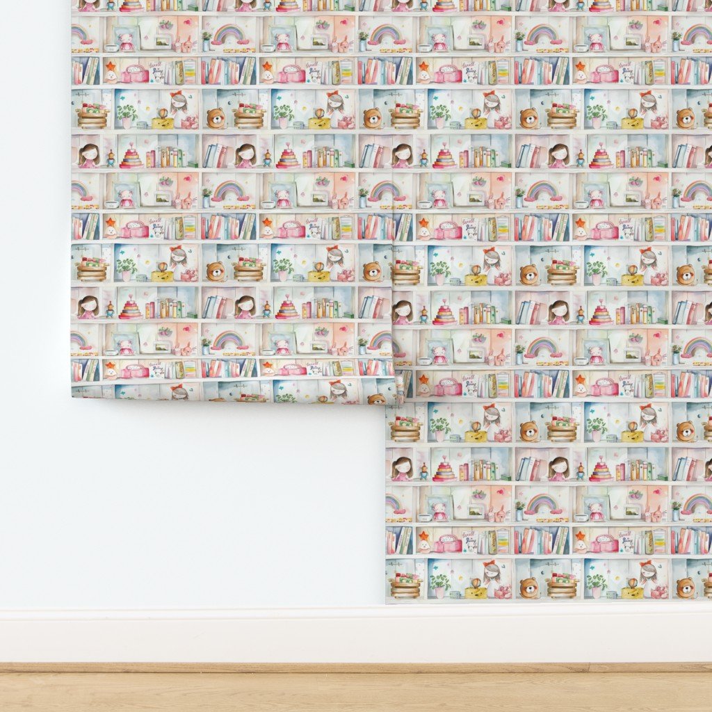 Pastel Bookcase with Girl's Toys and Books in Watercolor Wallpaper design