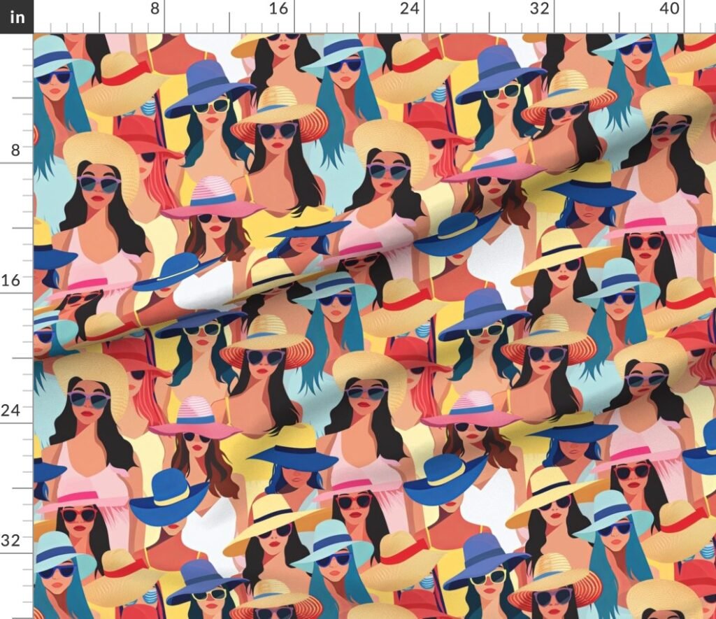 Women at the Beach in Summer in Sunhats and Suits Large Scale Bright Fabric design