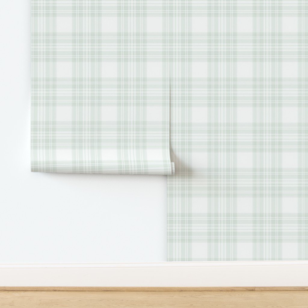 Pale Sage Green Botanical Large Traditional Tartan Plaid Pattern Wallpaper design