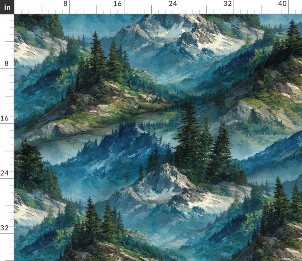 Olympic National Park Summer Watercolor Mountain Landscape Fabric design