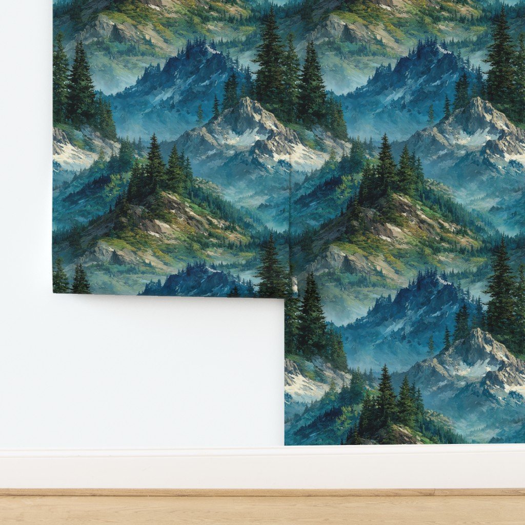Olympic National Park Summer Watercolor Mountain Landscape Wallpaper design