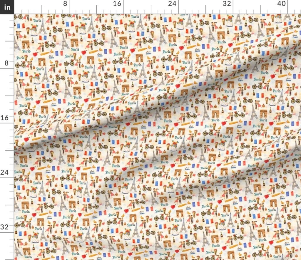 Adorable Whimsical Watercolor Paris Motifs with Eiffel Tower Fabric design
