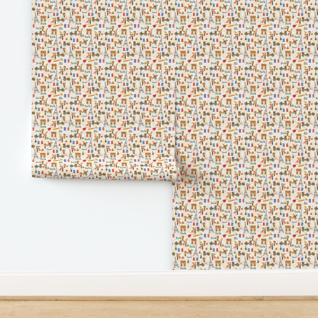 Adorable Whimsical Watercolor Paris Motifs with Eiffel Tower Wallpaper design