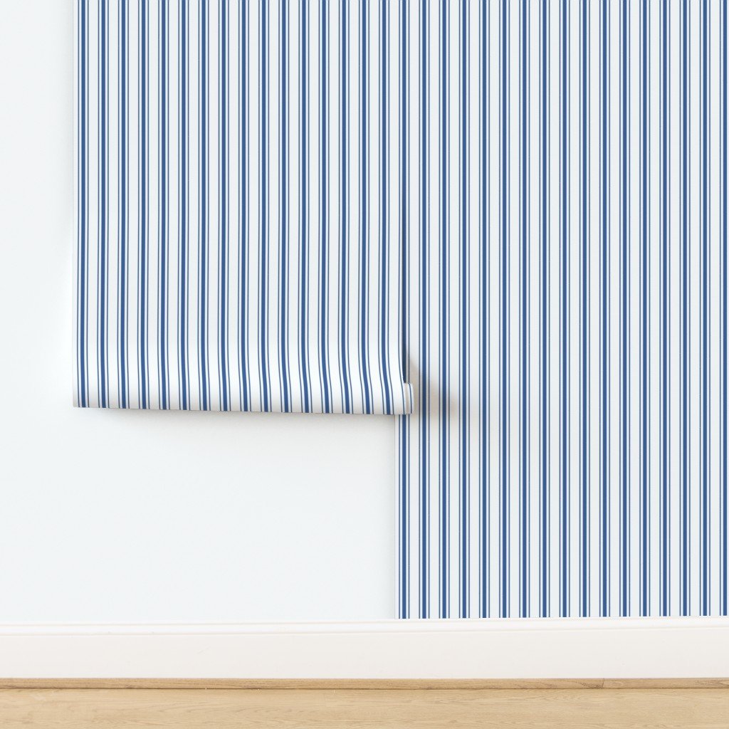 Mattress Ticking Wide Striped Pattern in Dark Blue and White Wallpaper design