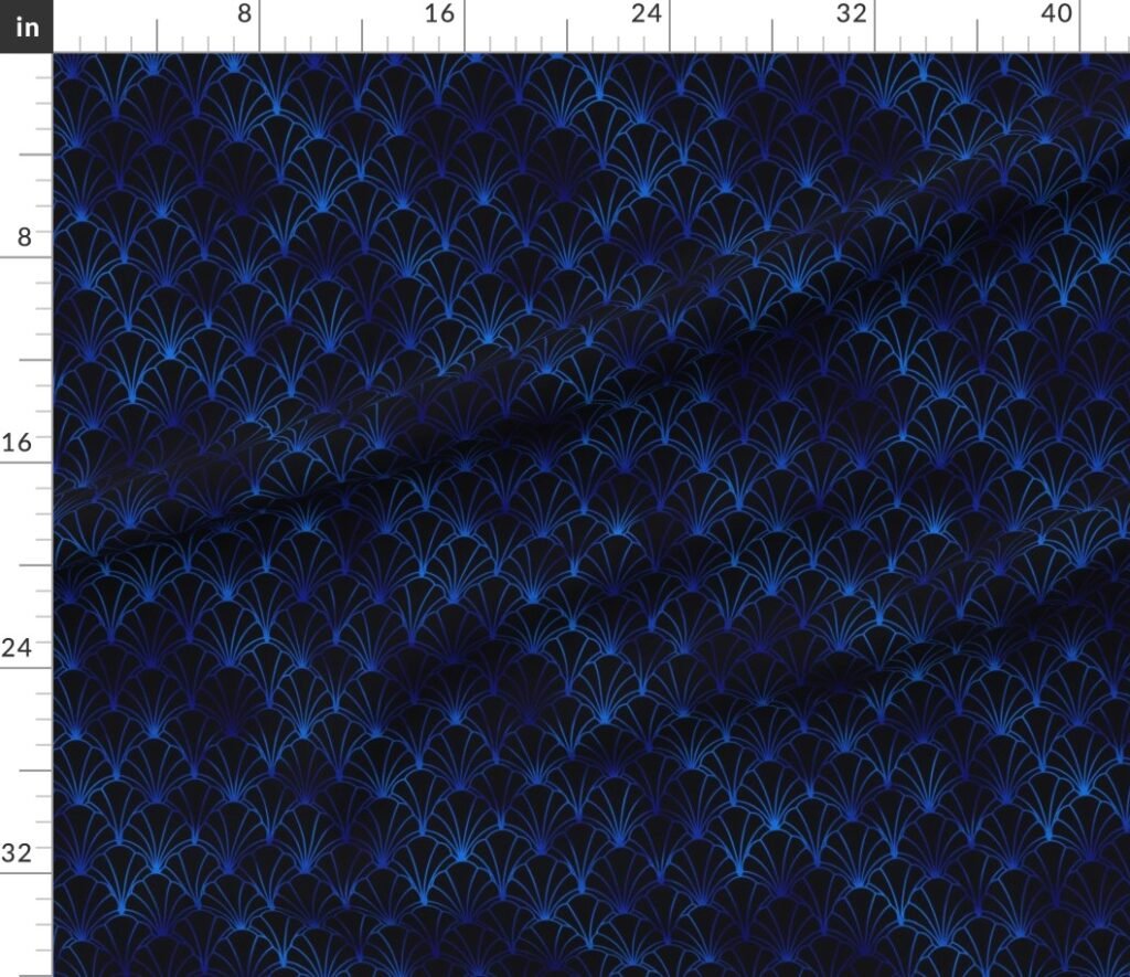 Scallop Shells in Black and Classic Blue Art Deco Vintage Faux Foil Fabric design