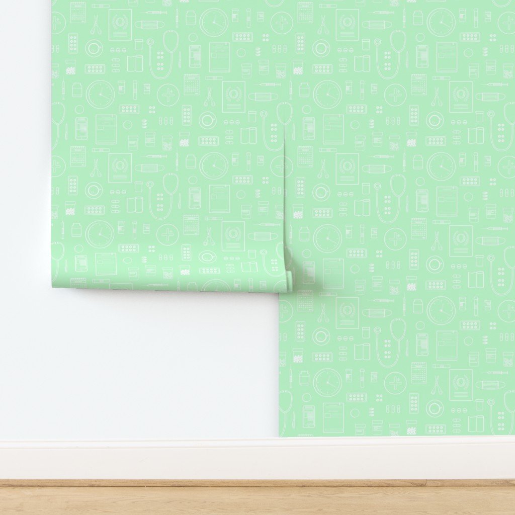 Scrubs Green with White Outlined Drawings of Medical Symbols Wallpaper design