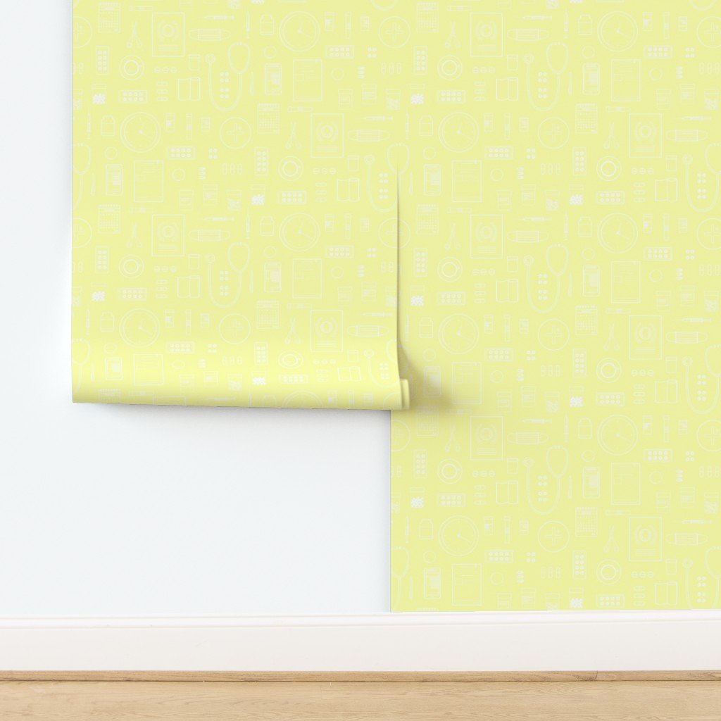 Scrubs Yellow with White Outlined Drawings of Medical Symbols Wallpaper design