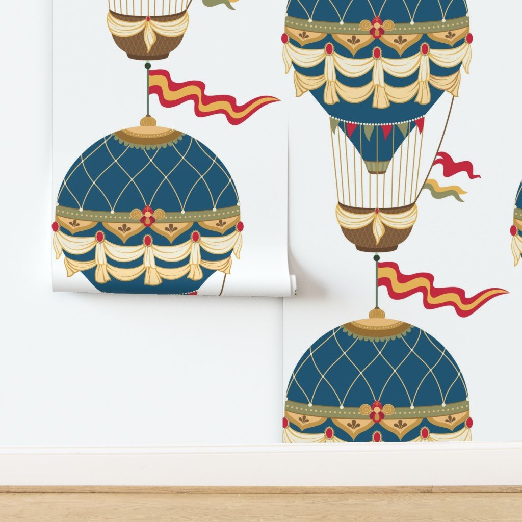 Vintage Ornamental Blue Festooned Hot Air Helium Balloons Wallpaper design