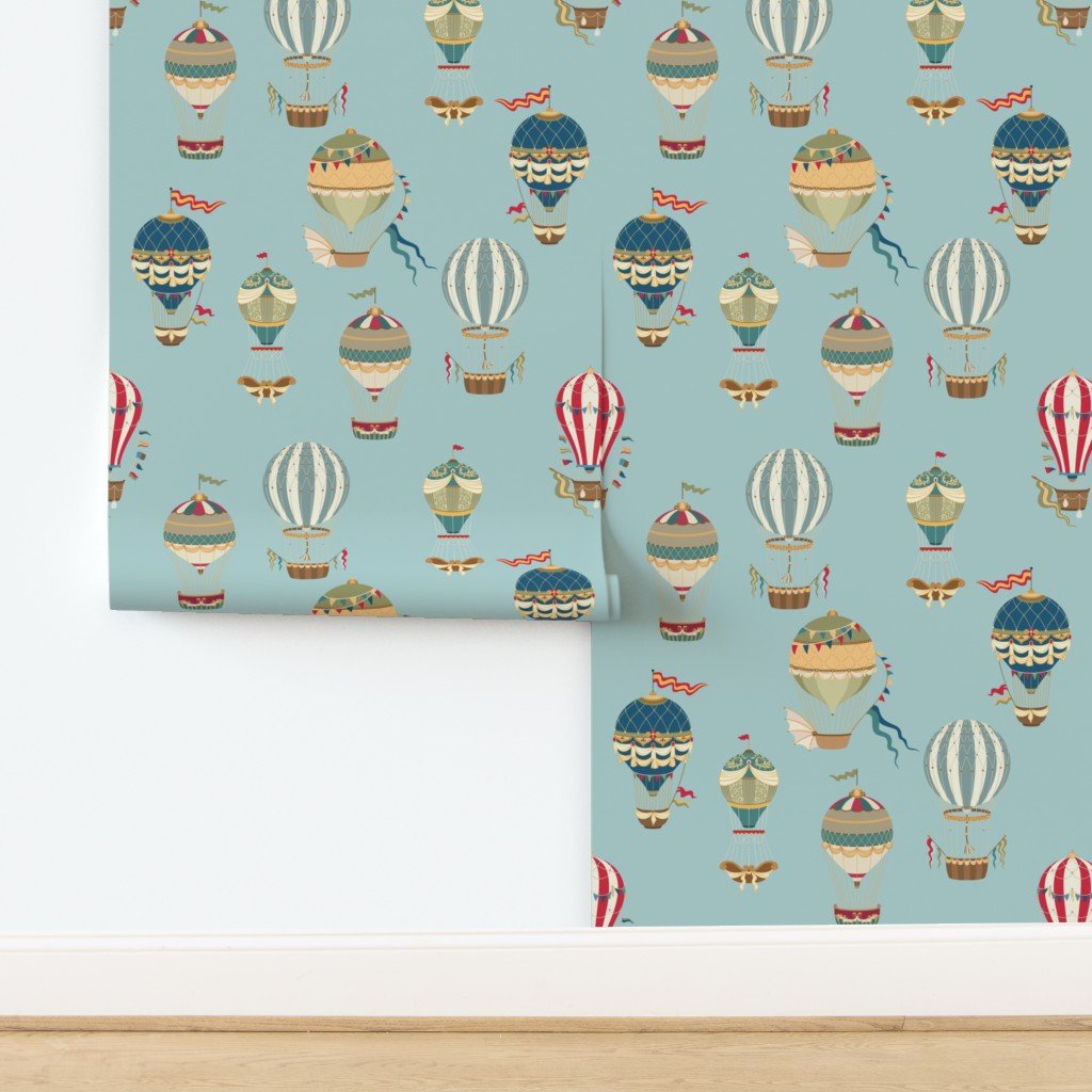 Vintage Hot Air Balloons in Sky Blue Wallpaper design