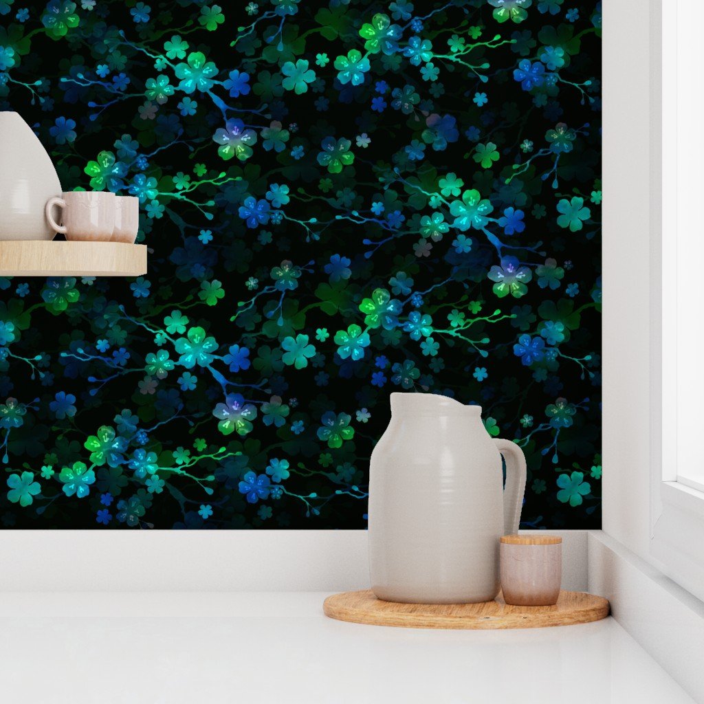 Bright Neon Green and Blue Cherry Blossom Flowers and Vines Wallpaper cherry blossom wallpaper