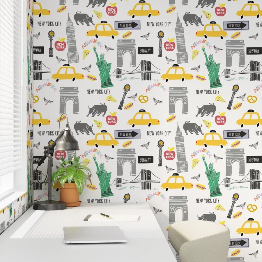 New York City Handdrawn Motifs Empire State Statue of Liberty Yellow Wallpaper fifth avenue clock wallpaper